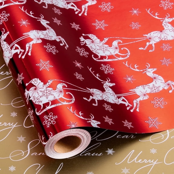 HOMERAL Christmas Wrapping Paper Roll - Red Gift Wrap with "Merry Christmas" Letter, Christmas Sleigh amd Snowflake - Perfect for Christmas - 17 Inch X 33 Feet