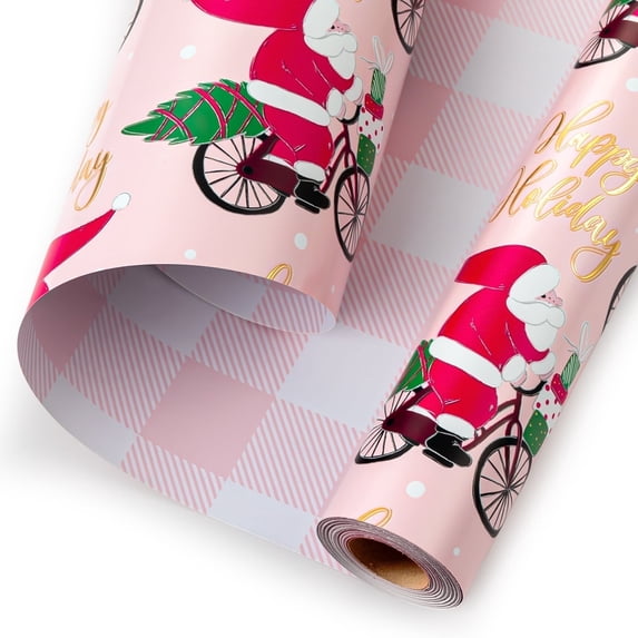 HOMERAL Christmas Wrapping Paper Roll - Pink Gift Wrap with Santa Claus, Bicycle, Gift Box, Snowflake, Merry Christmas - Perfect for Christmas - 17 Inch X 33 Feet