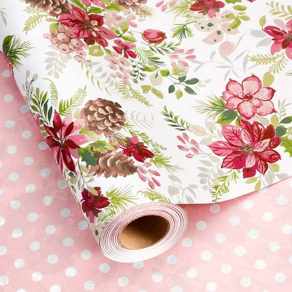 HOMERAL Christmas Wrapping Paper Roll - Gift Wrap with Hercules Flowers, Berries and Pine Cones - Perfect for Christmas - 17 Inch X 35 Feet