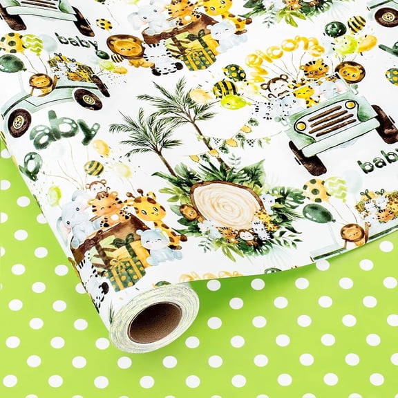 HOMERAL Baby Shower Wrapping Paper, Reversible Baby Wrapping Paper, Cute Safari Baby Animals Themed Welcome Newborn Gift Wrap for 1st Birthday, Children Celebrations, Jungle Party(17Inch x 33Feet)