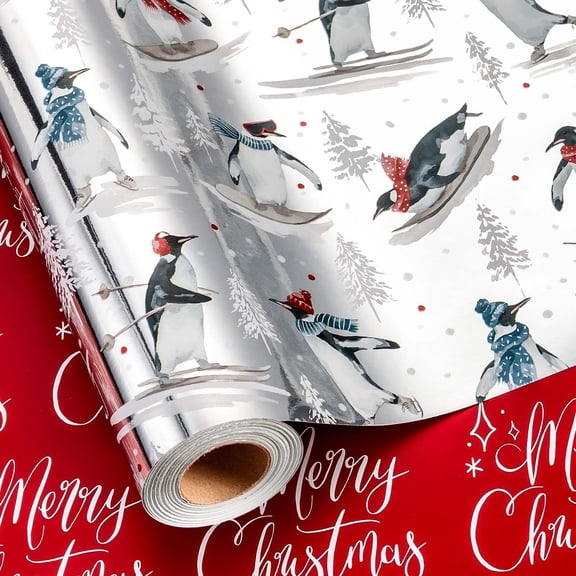 HOMERAL Christmas Wrapping Paper Roll - Silver Gift Wrap with Christmas Tree, Penguin - Perfect for Christmas, Winter - 17 Inch X 33 Feet