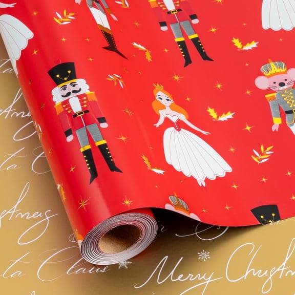 HOMERAL Christmas Wrapping Paper Roll - Green Gift Wrap with Nutcracker Mouse, Dancing Girl, Dahlia - Perfect for Christmas - 17 Inch X 33 Feet