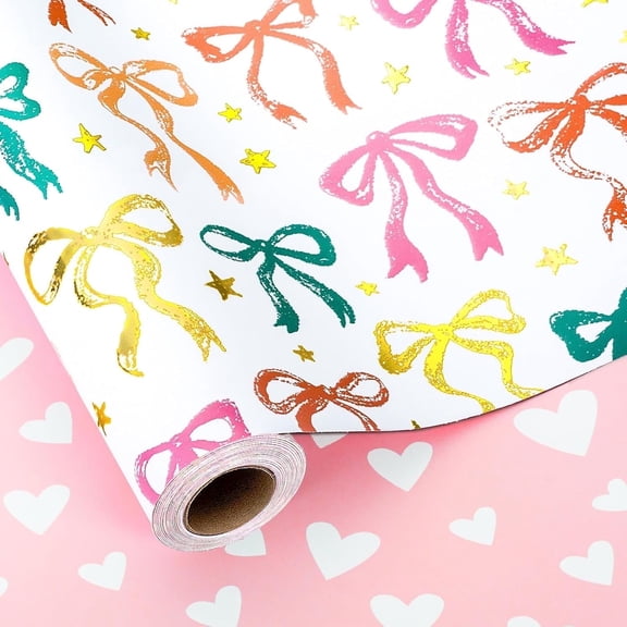 HOMERAL Girl Wrapping Paper Roll, Pink Gift Wrapping Paper, Reversible Elegant Girly Bows Gift Wrap for Wedding, Christmas, Valentine's Day, Bachelorette Party (Mini Roll, 17 In X 33 Ft)
