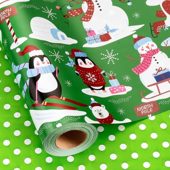 HOMERAL Christmas Green Wrapping Paper Roll - Polar Bear Skiing and Sweater Penguin Gift Wrapping Paper for Christmas - 17 Inch X 33 Feet