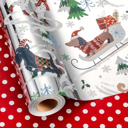 HOMERAL Dog Christmas Wrapping Paper Roll, Silver Wrapping Paper, Reversible Funny Skiing Puppy and Polka Dot Design Kid Christmas Gift Wrap Paper for Winter Holiday, Dog Lover - 17 Inch X 33 Feet