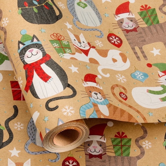 HOMERAL Christmas Wrapping Paper Roll - Gift Wrap with Cat in Scarf and Gift Box - Perfect for Christmas - 17 Inch X 33 Feet