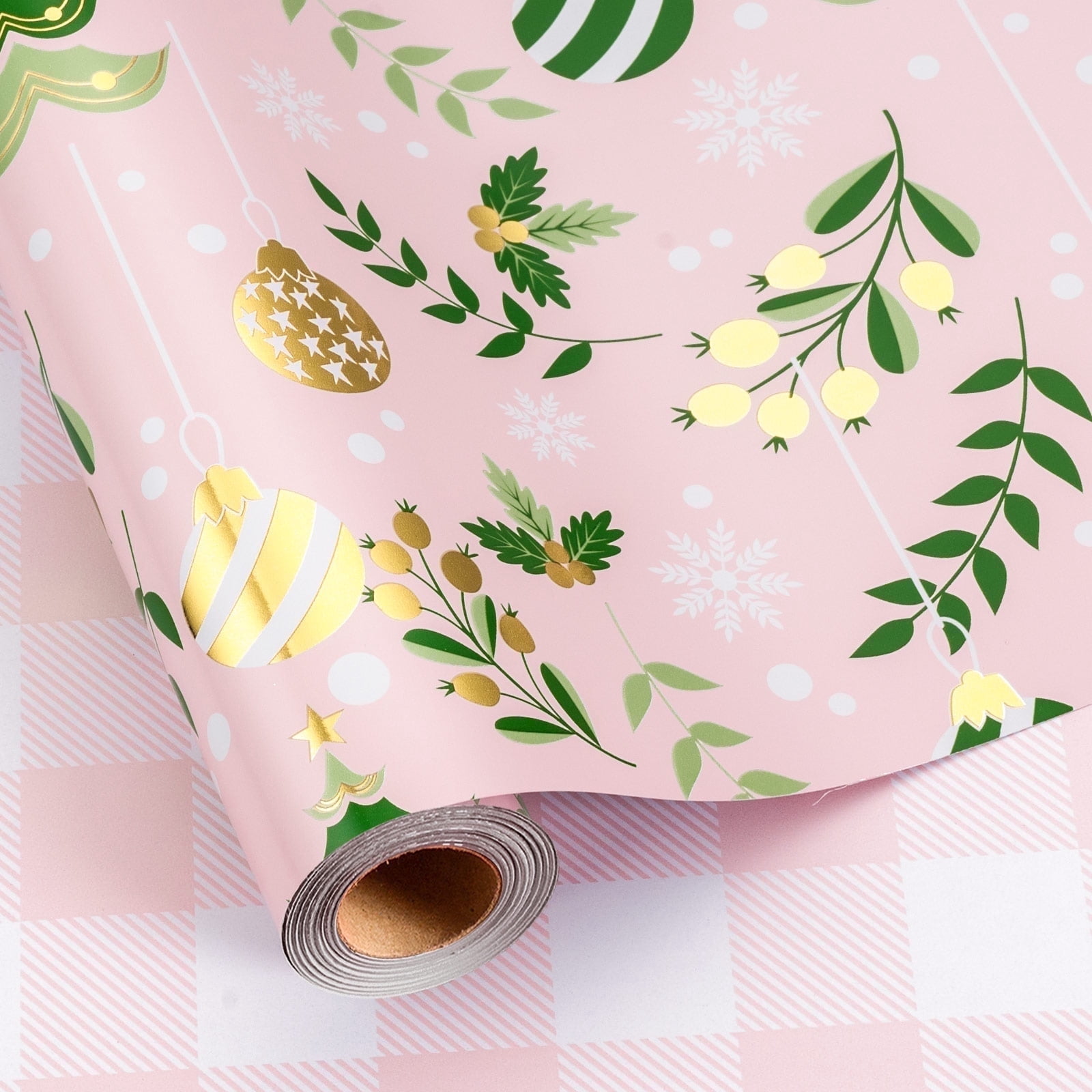HOMERAL Christmas Wrapping Paper Roll - Pink Gift Wrap with Bell, Leaf ...