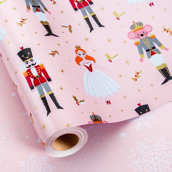 HOMERAL Christmas Wrapping Paper Roll - Pink Gift Wrap with Nutcracker Mouse, Dancing Girl, Candy Cane, Dahlia - Perfect for Christmas - 17 Inch X 33 Feet