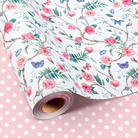HOMERAL Pink Flowers Wrapping Paper Roll - 17 Inches x 32.8 Feet Cute Butterfly and Polka Dots Gift Wrap Paper for Mother's Day, Wedding, Baby Shower, Birthday