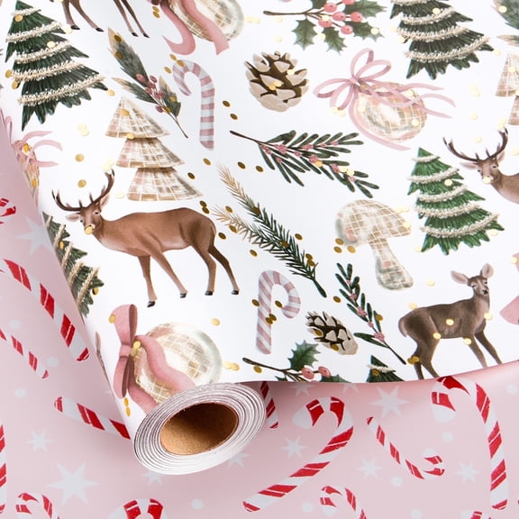 HOMERAL Christmas Wrapping Paper Roll - White Gift Wrap with Deer, Christmas Tree and Candy Cane - Perfect for Christmas - 17 Inch X 33 Feet