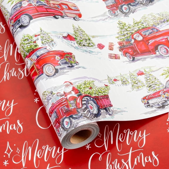 HOMERAL Christmas Reversible Wrapping Paper Roll - Vintage Watercolor Santa & Merry Christmas Letterings Gift Wrap for Christmas, New Year Celebration, Holiday, Party - Mini Roll - 17 Inch x 33 Feet