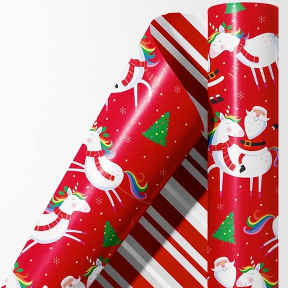 HOMERAL Christmas Wrapping Paper Roll - Red Gift Wrap with Christmas Unicorn, Santa Claus, Snowflake, Christmas Tree - Perfect for Christmas - 17 Inch X 33 Feet