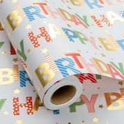 HOMERAL Reversible Pink Birthday Wrapping Paper Roll - 17 Inch X 33 Feet - Glitter Happy Birthday Lettering Metallic Foil Paper Girl Gift Wrap w/Polka Dot for Holiday Party Baby Shower Mother's Day