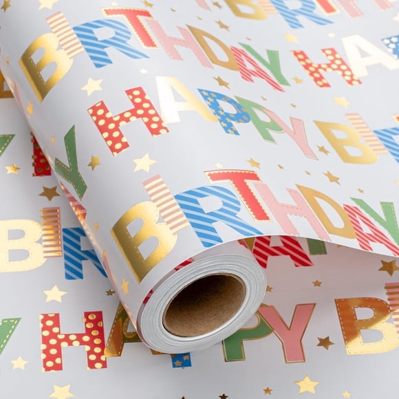 HOMERAL Colorful Wrapping Paper Roll, Happy Birthday Gift Wrap - 17 In X 32.8 Ft - 1 Roll (46.5 sq.ft.ttl.) Foil Happy Birthday Lettering & Candles Wrapping Paper for Birthday, Baby Shower, Party
