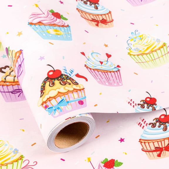 HOMERAL Cupcake Wrapping Paper - Mini Roll - 17 Inch x 16.5 Feet - Pink Dessert Birthday Wrapping Paper Perfect for Birthday, Party, Baby Shower