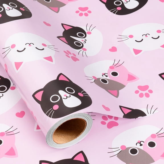 HOMERAL Cute Cat Head Wrapping Paper - Mini Roll - 17 Inch x 16.5 Feet - Pink Cartoon Cat Wrapping Paper Perfect for Daily Gift Wrap