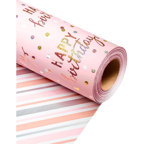 HOMERALBirthday Wrapping Paper Roll, Pink Metallic Holographic Happy Birthday Wrapping Paper Featuring Revesible Stripe Gift Wrap Paper for Girls Boys Kids Men, 17 Inches x 33 Feet