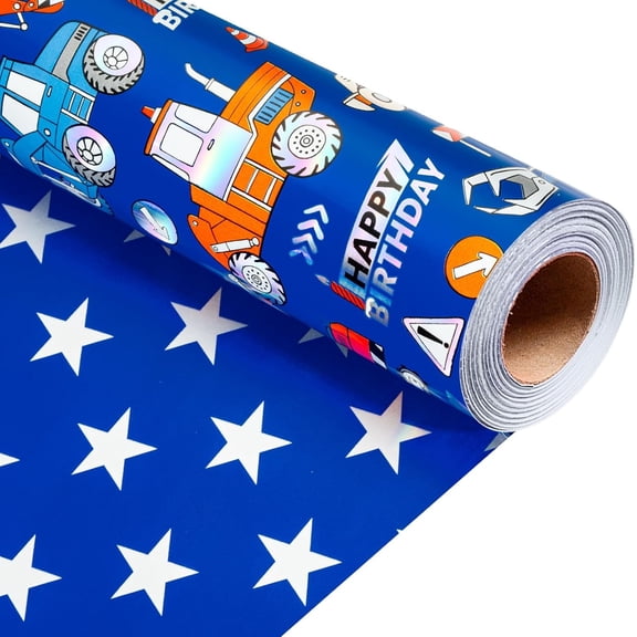 HOMERAL Blue Construction Truck Birthday Wrapping Paper Roll for Kids, Holographic Digger Tractor Truck & Stars Reversible Gift Wrap for Boys Birthday, Baby Shower - Mini Roll - 17 Inch x 33 Feet