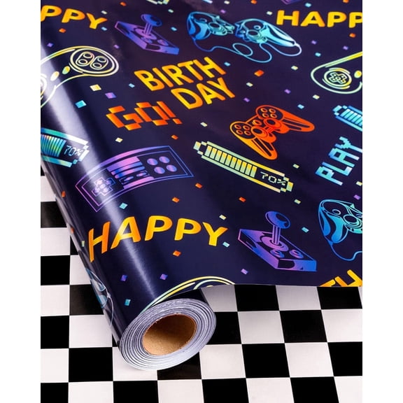 HOMERAL Blue Gaming Wrapping Paper Roll - 17 In X 32.8 Ft - Holographic Colorful Video Game, Holographic Happy birthday Text, Black and White Checkered Flag Design Gift Wrap Paper for Boys Birthday