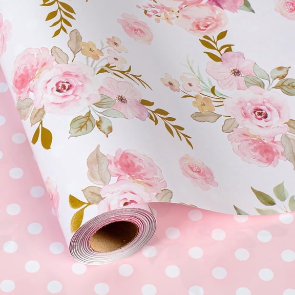 HOMERAL Pink Flower Wrapping Paper, Reversible Pink Wave Point Gift Wrap for Birthday, Valentines, Mothers day, Graduation, Wedding, Fathers day, Baby Shower, Christmas (17in x 32.8ft)