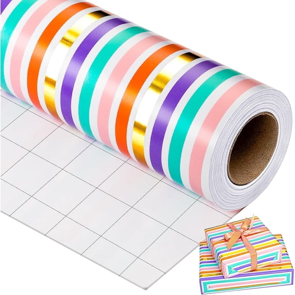 HOMERAL Striped Wrapping Paper, Pink Gift Wrapping Paper, Luxury Thick Rainbow Colored Stripe Gift Wrap Gold Foil Paper for Girl Birthday, Baby Shower,Wedding(17Inch X 16.5Feet)