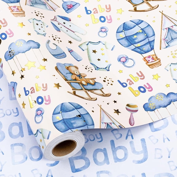 HOMERALBlue Baby Shower Wrapping Paper, Baby Boy Wrapping Paper, Cute Bear Balloons Clothes Newborn Blue Gift Wrap for Gift Packaging, Newbaby Celebrations, Party Supplies(Mini Roll, 17 In X 33Ft)
