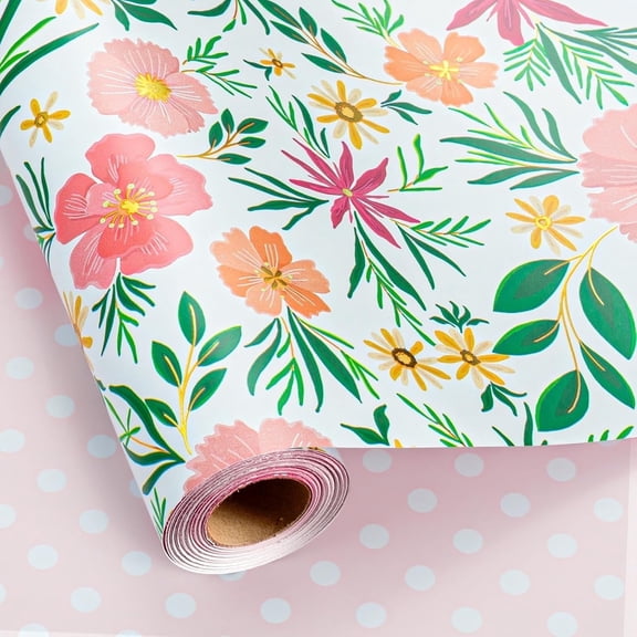 HOMERAL Flower Wrapping Paper Roll, Gold Design Floral Gift Wrap For Mothers Day, Wedding, Bridal Shower, Birthday, 17 Inch x 33 Feet