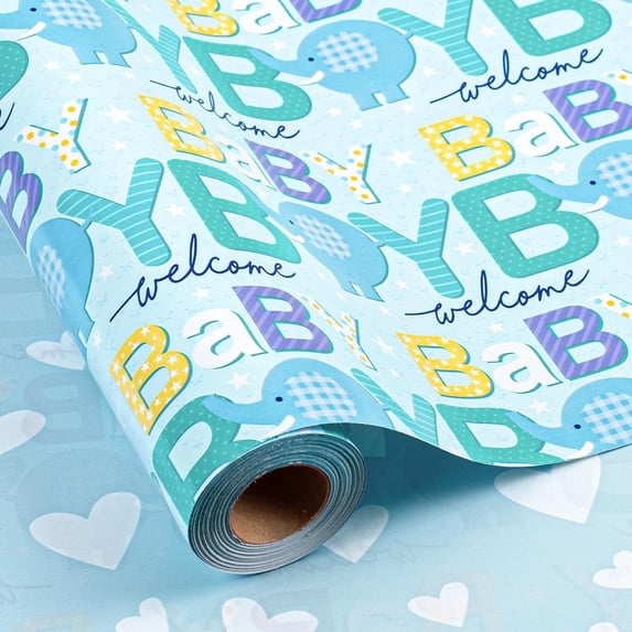 HOMERAL Reversible Baby Elephant Wrapping Paper Roll - Blue Wrapping Paper for Baby Shower, Boy's Birthday, Child - 17 "x 32.8 ft (47.23 sq ft)