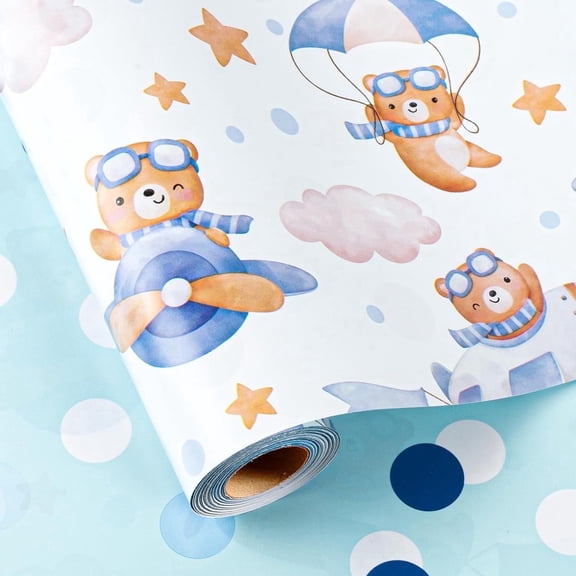 HOMERAL Baby Shower Wrapping Paper Roll - Blue Teddy Bear in Plane & Polka Dot Pattern, Reversible Newborn Gift Wrap for Baby Boy Birthday, Baby Shower - Mini Roll - 17 Inch x 33 Feet