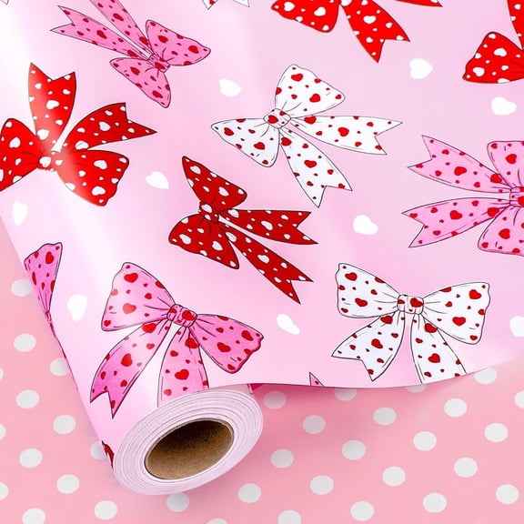 HOMERAL Pink Girl Birthday Wrapping Paper Roll, Reversible Cute Girly Pink Coquette Bow Gift Wrap for Wedding Baby Shower,Valentine's Day,Mother's Day(17 Inch X 33 Feet)