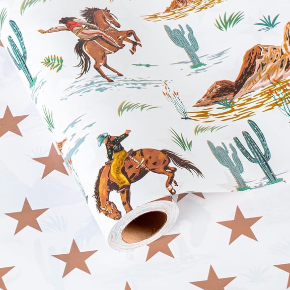 HOMERAL Reversible Cowboy Wrapping Paper Roll - 17In x 33Ft Western Gift Wrap with Rodeo Horse and Star Pattern for Boys Birthday, Fathers Day, Bachelor Party, Christmas, Farm Theme, Holiday