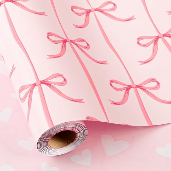 HOMERAL Pink Bow Wrapping Paper, Reversible Pink Love Design Gift Wrap for Baby Shower, Birthday, Valentines, Mothers day, Graduation, Wedding(17 Inch X 32.8 Feet)