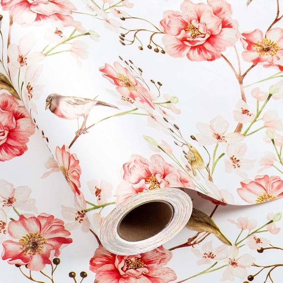 HOMERAL Gift Wrapping Paper Roll - Romantic Watercolor Pink Flower and Birds Design Gift Wrap Paper for Wedding, Bridal Shower, Mother’s Day, Valentine's Day, Birthday, Anniversay (17 Inch X 33Feet)