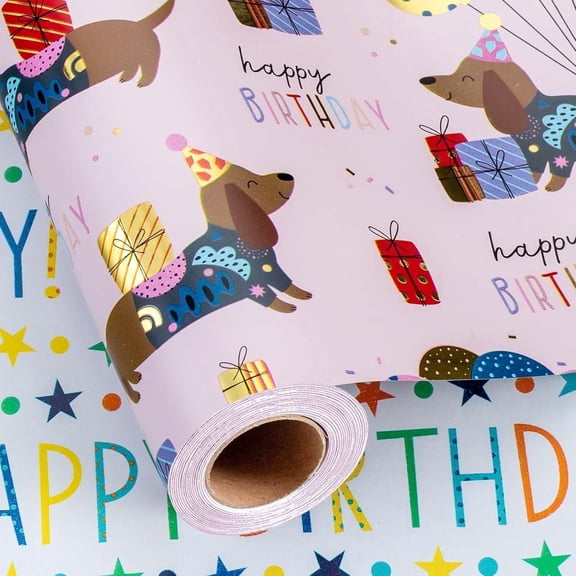 HOMERAL Gift Wrap Paper Reversible Dachshund Birthday 1 Pack 17in x 32.8ft