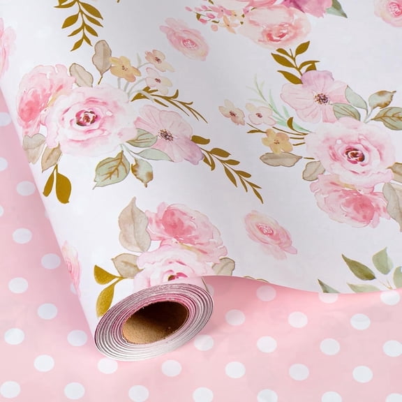 HOMERAL Pink Flower Wrapping Paper, Reversible Pink Wave Point Gift Wrap for Birthday, Valentines, Mothers day, Graduation, Wedding, Fathers day, Baby Shower, Christmas (17in x 32.8ft)
