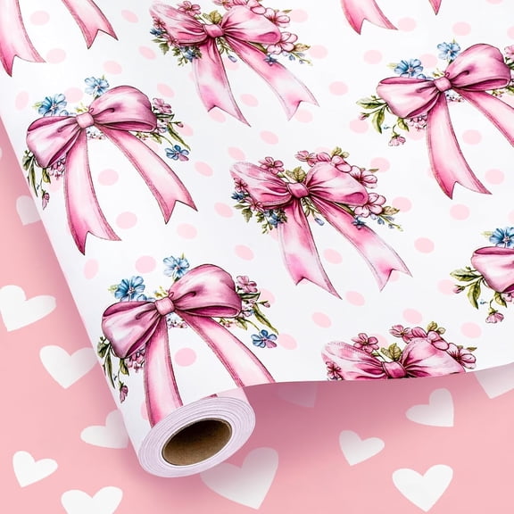 HOMERAL Pink Bow Wrapping Paper Roll, Girl Birthday Wrapping Paper, Reversible Girly Feminine Pink Gift Wrap with Bow Print for Baby Shower, Christmas, Valentine's Day, Mother's Day (17 In X 33 Ft)