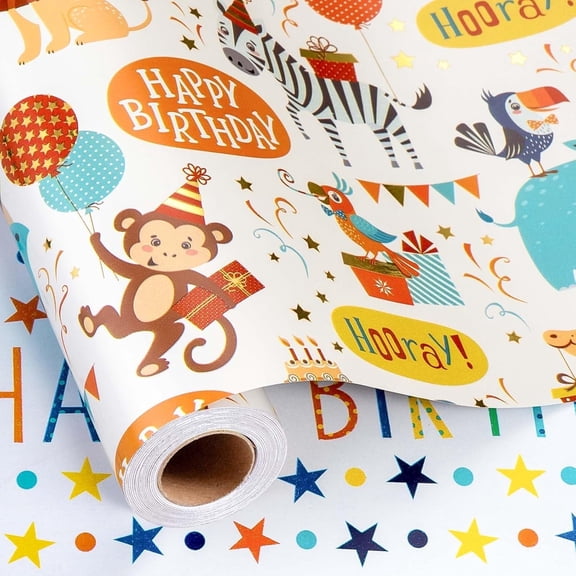 HOMERAL Birthday Wrapping Paper, 17 Inch x 32.8 Feet Cute Monkey Giraffe Animal Themed Balloon Happy Birthday Lettering Gift Wrap for Boy, Girl, Baby Shower, Newborn Celebration