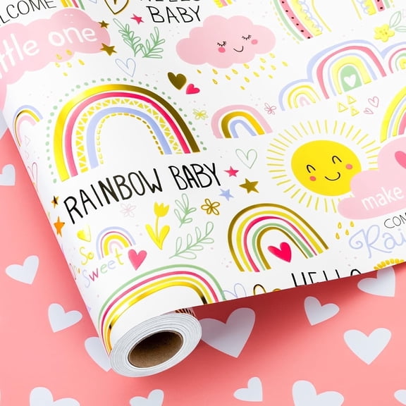 HOMERAL White Baby Shower Wrapping Paper, Cute Baby Girl Wrapping Paper, Metallic Foil Rainbow, Sun &Cloud Pattern Welcome Newborn Gift Wrap for 1st Birthday, Children Party (17Inch x 33Feet)