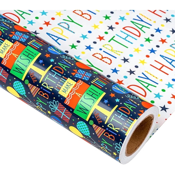 HOMERAL Reversible Gift Wrap Paper Blue Birthday Theme for Baby Shower, Birthday, 1 Roll, 17 in x 32.8 ft