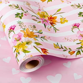 HOMERAL Pink Striped Flower Wrapping Paper, Reversible Pink Love Design Gift Wrap for Baby Shower, Birthday, Valentines, Mothers day, Wedding (17 Inch X 32.8 Feet)