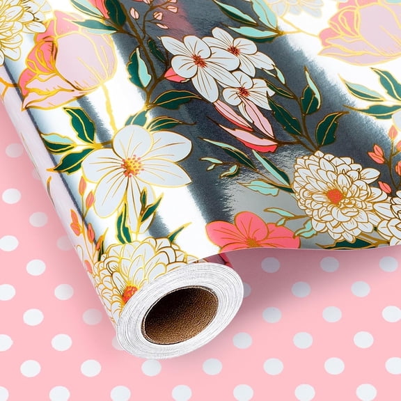 HOMERAL Reversible Floral Wrapping Paper Roll, Bridal Shower Wrapping Paper, Colorful Flower Gift Wrap with Metallic Foil Shine for Birthday, Wedding, Mother's Day, Valentine's Day(17 Inch X 33 Feet)