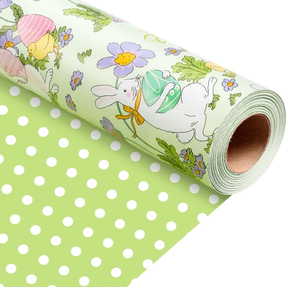 HOMERAL Easter Wrapping Paper Roll - 17 Inch X 33 Feet - Pink Gift Wrap with White Rabbits Holding Easter Eggs, Small Flowers, Chicks, and the Phrase "Happy Easter" - Perfect for Easter