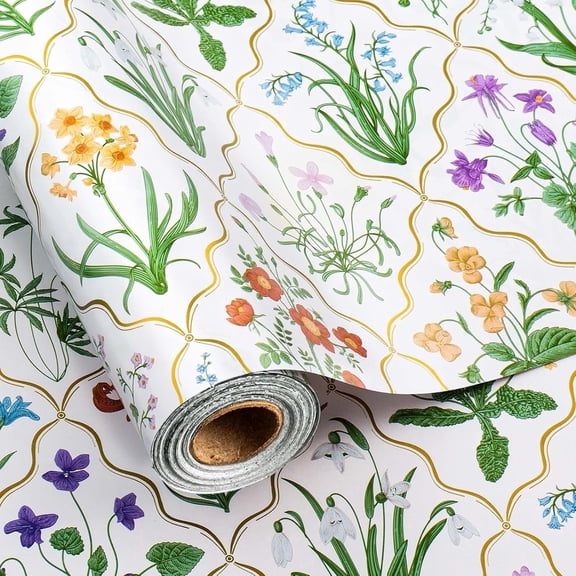 HOMERAL Colorful Flowers Foil Metallic Gold Wrapping Paper, All Occasion, 1 Roll, 17 in x 32.8 ft
