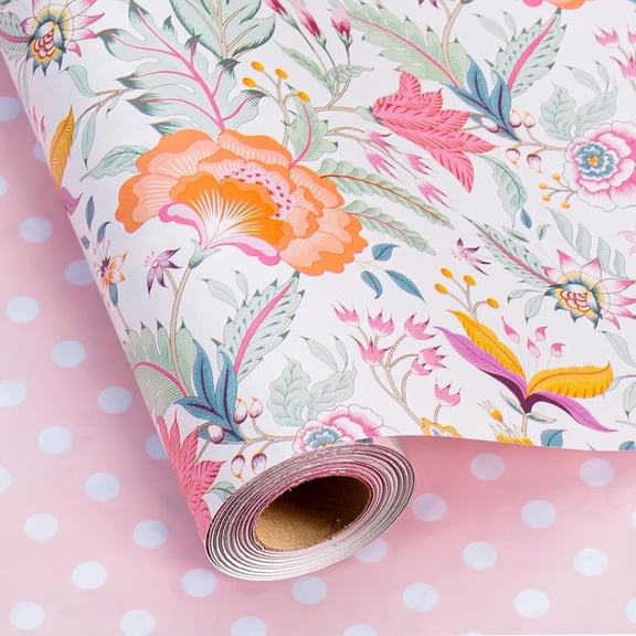 HOMERAL Floral Wrapping Paper Roll with Pink Polka Dots Reverse - 17 In X 32.8 Ft(46.5 sqft) Vibrant Flower Desgin Gift Wrap for Mothers Day, Valentines Day, Birthday, Wedding, Anniversary