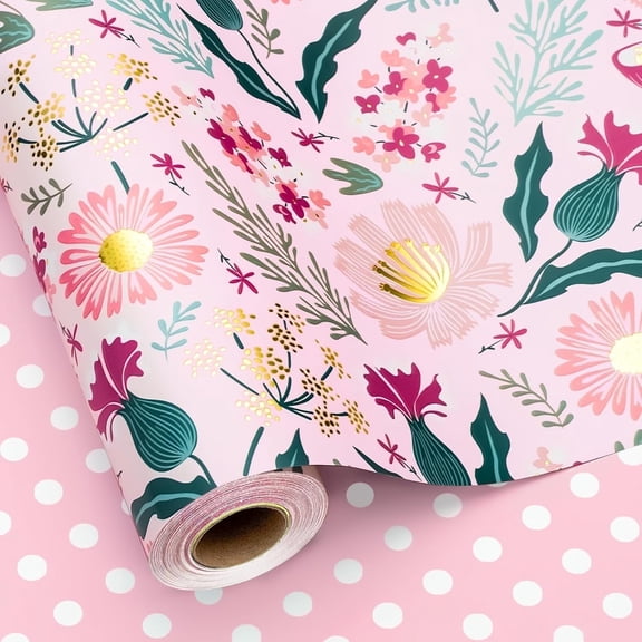 HOMERAL Reversible Floral Wrapping Paper Roll,Shiny Gold Foil Flower,Pink Polka Dot Perfect for Girls,Mother's Day,Spring,Wedding,Bridal Shower,Birthday(17 IN x 32.8 FT)