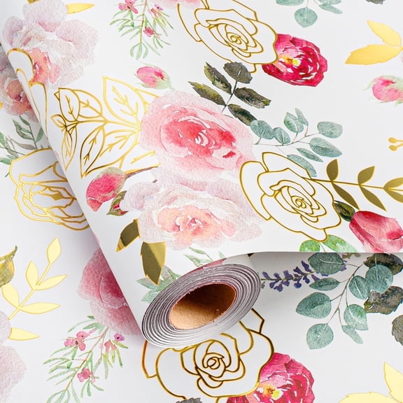 HOMERAL Wrapping Paper Roll with Watercolor Roses - 17 In x 32.8 Ft (46.5 sqft) Foil Floral Gift Wrap with Matte Gold Reverse for Mother’s Day, Wedding, Birthday, Bridal Shower, Valentines Day