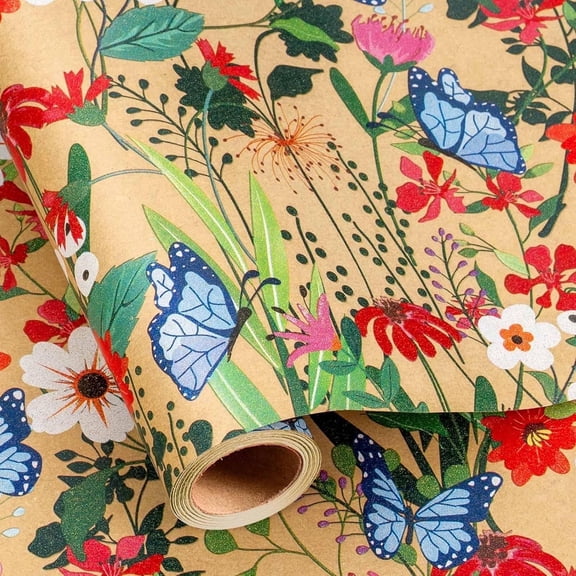 HOMERAL Kraft Flowers Wrapping Paper, Butterflies and Flowers Mini Roll Gift Wrap for Birthday, Valentines, Mothers day, Graduation, Wedding, Fathers day, Baby Shower, Christmas - 17 Inch X 33 Feet