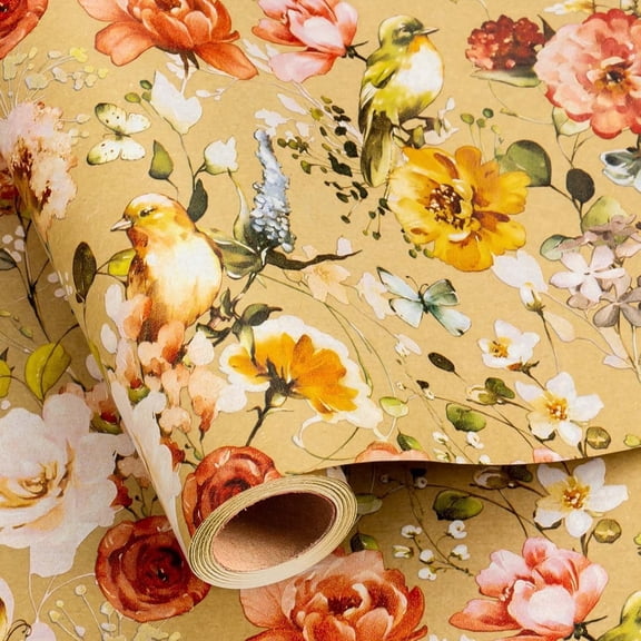 HOMERAL Kraft Flowers Wrapping Paper, Flowers and Birds Mini Roll Gift Wrap for Birthday, Valentines, Mothers day, Graduation, Wedding, Fathers day, Baby Shower, Christmas - 17 Inch x 33 Feet