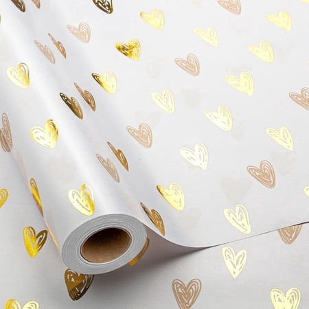 HOMERAL Foil Hearts Wrapping Paper Roll - 17 Inch X 33 Feet - Luxury Metallic Golden Heart Design Holiday Gift Wrap Present Paper for Valentine’s Day, Birthdays, Wedding, Anniversaries