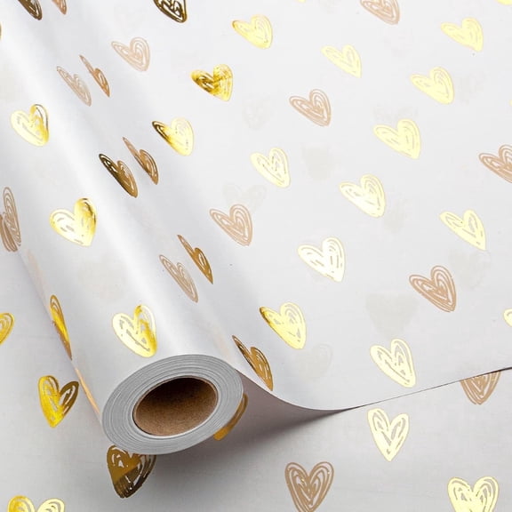 HOMERAL Foil Hearts Wrapping Paper Roll - 17 in X 33 ft - Luxury Metallic Golden Heart Design Holiday Gift Wrap Present Paper for Valentine’s Day, Birthdays, Wedding, Anniversaries